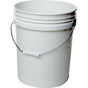 ProTool Bucket HD White 5Gal, a stack of durable white plastic five-gallon buckets with metal handles for heavy-duty use.
