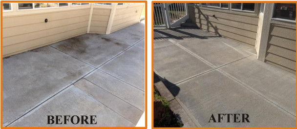 Deco Products Inc. Salt Shield Sealer 5 Gallon Deco, before and after images showing concrete patio surface cleaning and sealing.