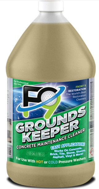 J.Racenstein F9 Sample Pack 4 gallon, concrete maintenance cleaner bottle with label showing product details and usage instructions.