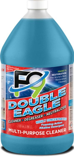J.Racenstein F9 Sample Pack 4 gallon, multi-purpose cleaner bottle with blue liquid and label displaying brand and product information.