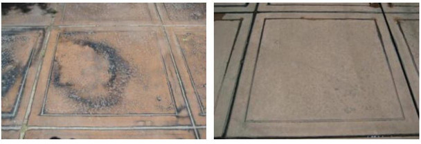 Front9 Restoration Products F9 Efflorescence/Calcium Remover, before and after cleaning of stained concrete surface showing removal of efflorescence and calcium deposits.