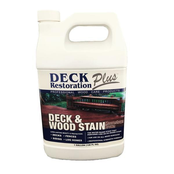 J.Racenstein Moorestown Brown Deck & Wood Stain DRP, white plastic container with handle, label showing deck and wood stain for outdoor surfaces, professional wood care product.