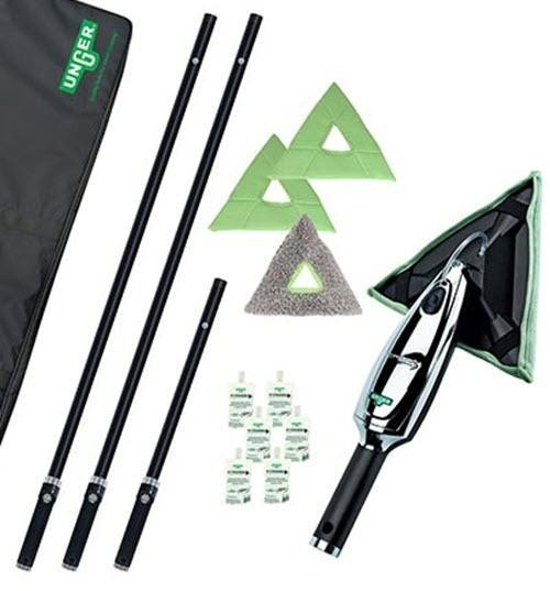Unger Stingray Glass Cleaning Pad, professional window cleaning toolkit with squeegee, microfiber cloths, cleaning pads, and extension poles for streak-free glass cleaning.