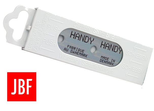 JBF Blades Handy Replacement Carbon Steel 03in, 10 pack, portable blade sharpener with safety instructions on the plastic case.