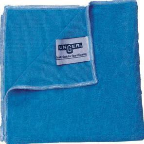 Unger Micro Wipe, blue microfiber cleaning cloth with an elastic band and Unger logo label for streak-free cleaning.
