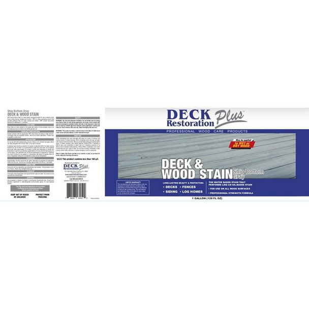 J.Racenstein Ship Bottom Gray Deck and Wood Stain DRP, product packaging with blue and white design and an image of a wooden deck.