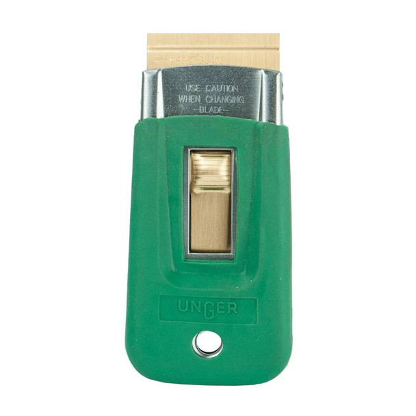 Unger Safety Scraper ErgoTec Unger, handheld safety scraper with ergonomic green handle and replaceable blade for glass and surface cleaning.