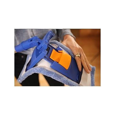 Ettore Microfiber Replacement Pad, two microfiber cleaning pads attached to a blue mop handle for effective floor cleaning.