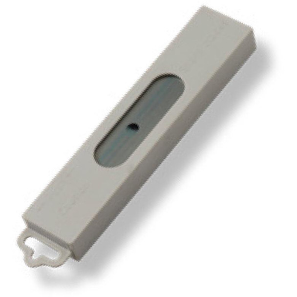 J.Racenstein Blades Champion Carbon Steel 25 Pack, close-up view of a single replacement blade in metallic finish with a hole for easy attachment.