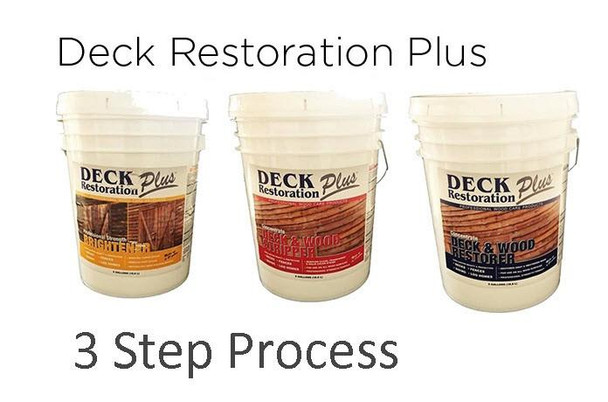 J.Racenstein Seneca Brown Deck & Wood Stain DRP, image showing three buckets of deck and wood stain products for restoration and enhancement.