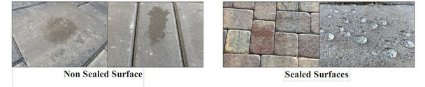 Deco Products Inc. Stripacast Paver Stripper Deco, showing comparison of non-sealed and sealed paver surfaces with before and after cleaning effects