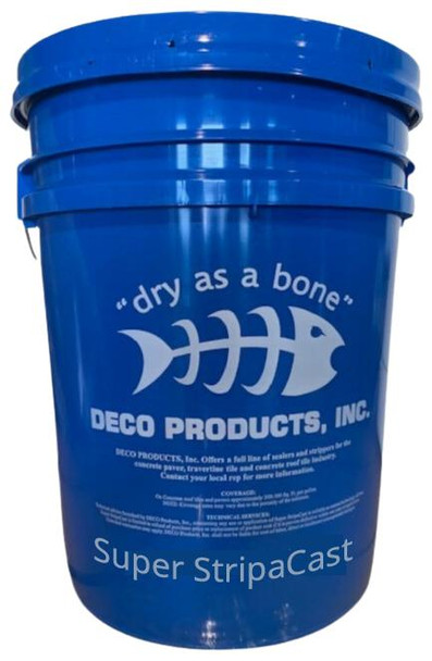 Deco Products Inc. Stripacast Paver Stripper Deco, blue bucket of paver stripping solution with fish logo and product name.
