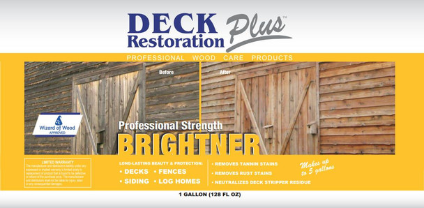 J.Racenstein Deck & Wood Stain Brightener 1 Gal DRP, product label with before and after images of wood deck restoration, highlighting wood brightening effects.