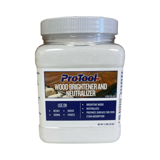 ProTool Wood Brightener and Neutralizer, white powder in a clear plastic jar with a white screw-on lid and a label describing its use for brightening and neutralizing wood surfaces.