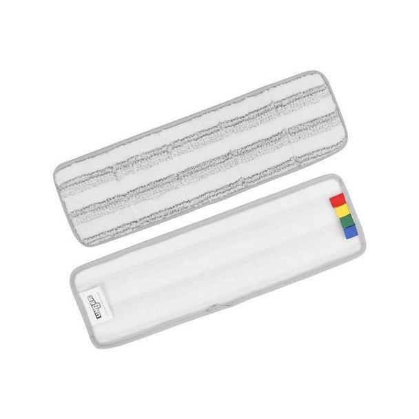 Unger SmartColor Scrub Mop Pad 20in Unger, white washable mop pad with color-coded strips for cleaning efficiency.