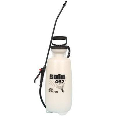J.Racenstein Pump Sprayer 2 Gal Acid Resistant Solo, white garden sprayer with black handle and long nozzle for spraying acids and chemicals.