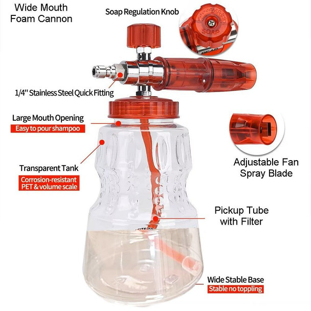 J.Racenstein Foam Cannon Wide Opening 1 Liter, clear transparent tank with large mouth opening, adjustable fan spray blade, soap regulation knob, pickup tube with filter, stainless steel quick fitting, and wide stable base for easy shampoo pouring and foam spraying.