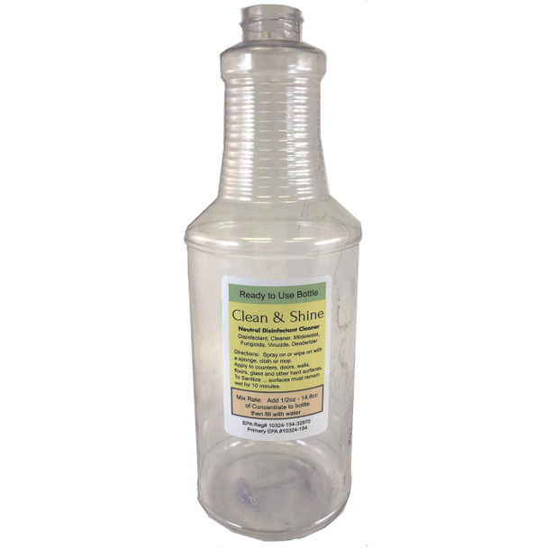 ProTool Bottle 32oz with Clean & Shine Label, clear plastic ready-to-use disinfectant cleaner bottle for sanitizing surfaces.