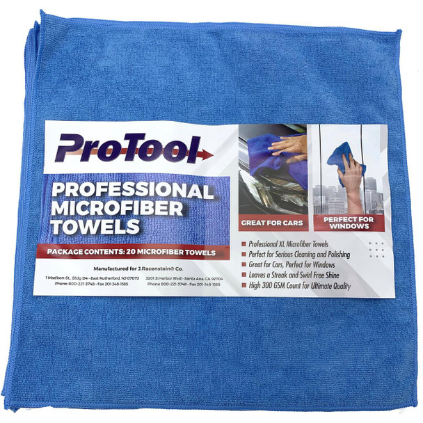 J.Racenstein ProTool Blue MicroFiber Towel 20 Pack, blue microfiber towels with packaging label showing product features and dimensions.