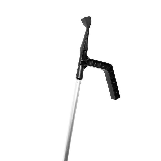 ProTool The Gutter Hawg, handheld gutter cleaning tool with a black plastic handle and a long metal pole for easy gutter debris removal.
