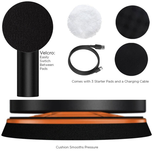 ProTool Wireless Speed Polisher Portable, electric handheld device with a large black circular pad and a cushioned orange base, accompanied by three starter pads, a charging cable, and a white cleaning pad.