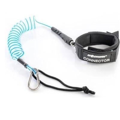 Moerman Wrist Strap Tether Connector Moerman, black wrist strap with a coiled blue cord and metal clip for grounding connected to a connector.