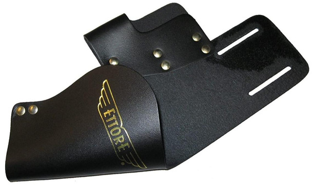 Ettore Holster Dual Leather Ettore, black leather motorcycle holster with gold logo and metal rivets for secure attachment.