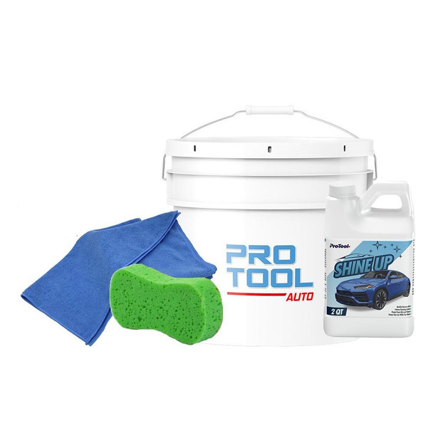 ProTool Car Wash Starter Kit, includes a white bucket, blue microfiber cloth, green sponge, and 2-quart bottle of ShineUp car wash solution.