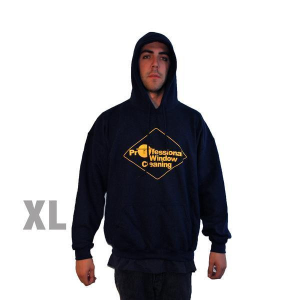 ProTool Navy Sweatshirt w/Hood XL, a navy blue hoodie with a yellow logo and text for professional window cleaning, worn by a male model.