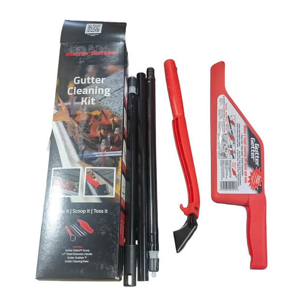 TRADEWRX Kit Gutter Cleaning, complete gutter cleaning tool set including scoop, extension handle, gutter grabber, and cleaning rake.