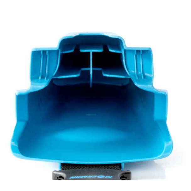 Moerman Side Bucket on a Belt 2.0 Moerman, a blue plastic side bucket designed for tools or materials, attached to a black belt for easy access during work.