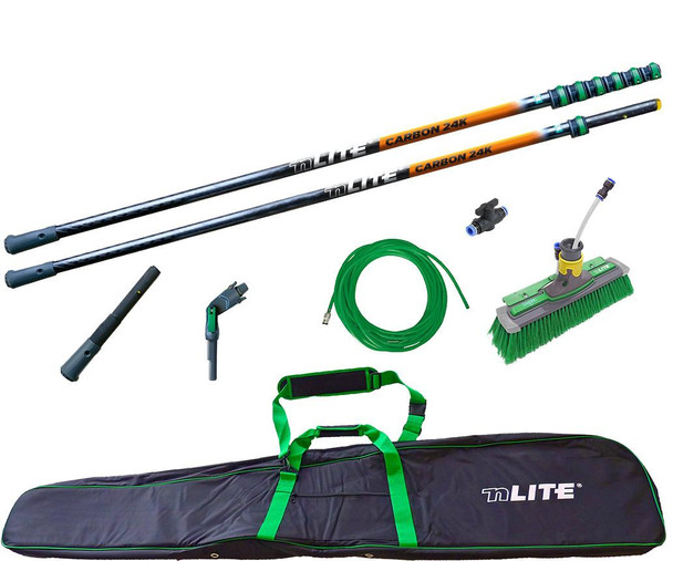 Unger nLite Carbon 24K Water Fed Pole Kit 39ft, water fed pole cleaning system with extendable telescopic poles, cleaning brush, hoses, and carrying bag.