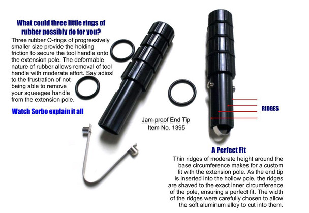 Sorbo Pole Tip Universal Sorbo, image showing a black extension pole with ridges and rubber O-rings for secure fitting and removal of tool handles.