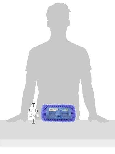 Ettore Brush Wrap around Flo Thru Ettore, image of a blue cleaning brush with a wide, flat, rectangular shape and bristles on all sides, placed on a table with a person in the background.