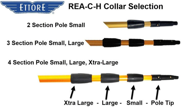 Ettore Pole Collar Replacement, image showing different size section pole collars including small, large, and extra-large for various pole sizes.