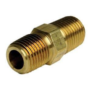 J.Racenstein Fitting Outlet C #218 Tucker, a brass plumbing fitting with male threads on both ends for connecting pipes.