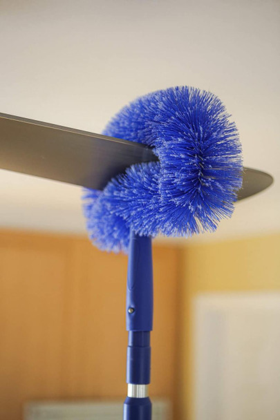 Ettore Ceiling Fan Duster, blue microfiber duster with a long handle for cleaning ceiling fans.