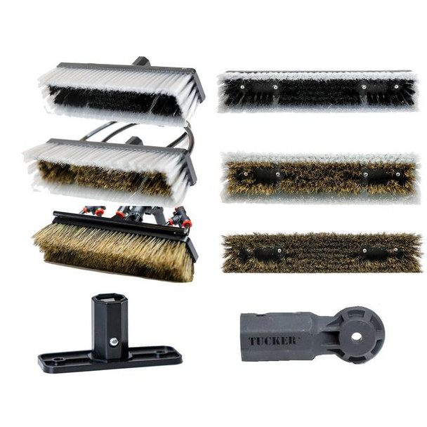 J.Racenstein Tucker Brushes with LOCT System, variety of industrial brushes with different bristle types and a mounting adapter for diverse cleaning applications.