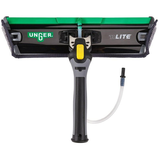 Unger nLite PowerPad Complete, cleaning tool with a wide rectangular sponge head and a handle with a yellow safety lock and attached hose for cleaning solution.