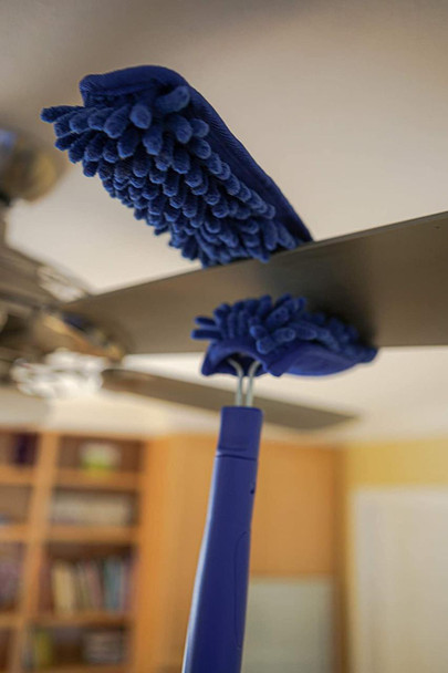 Ettore Microswipe Ceiling Fan Duster, blue microfiber duster with a long handle for cleaning ceiling fans and high surfaces.