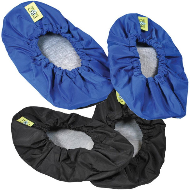 J.Racenstein Pro Shoe Covers, elasticized waterproof shoe protectors in blue and black colors.