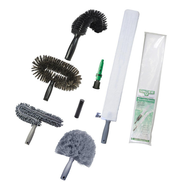Unger High Access Dusting Kit Unger, various dusting and cleaning tools including brushes, duster, and replacement sleeves for window cleaning and high access dusting.