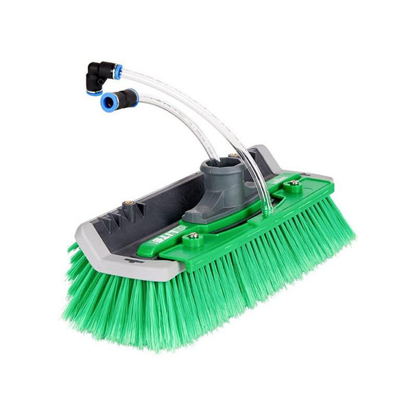 Unger nLITE Radius Brush Generation 2, green scrubbing brush with water and hose attachments for window cleaning.