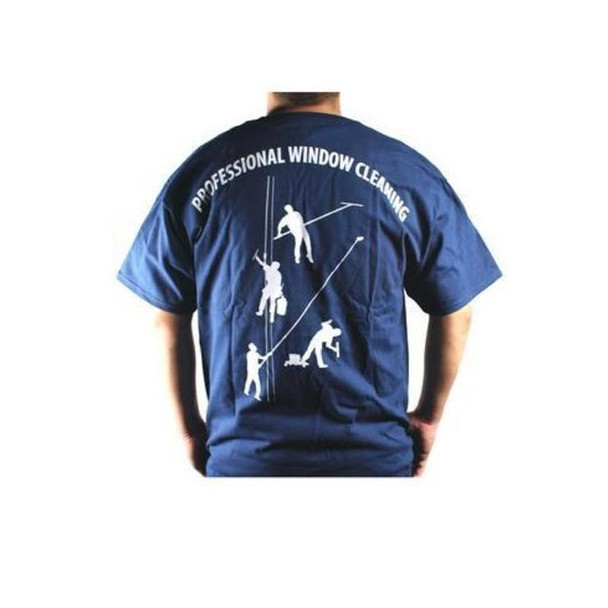 J.Racenstein 4 Dudes Navy Blue T-Shirt, graphic t-shirt with a professional window cleaning illustration and text.