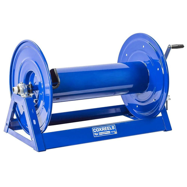 J.Racenstein Reel 450/600ft 3000psi Manual Cox, blue industrial hose reel with sturdy frame and hand crank for easy hose winding.
