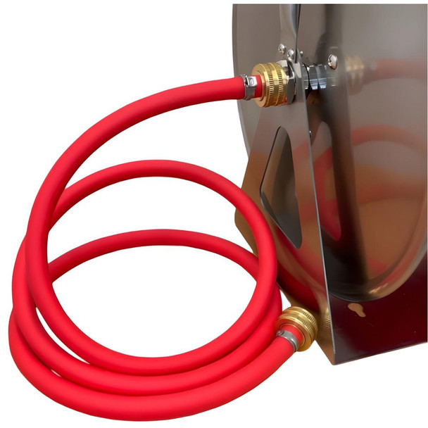 ProTool Reel Stainless Steel with 125ft 3/8in Hose, close-up of red flexible hose connected to a stainless steel reel for industrial or workshop use.