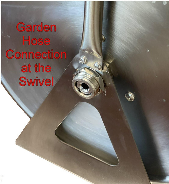 ProTool Reel Stainless Steel with 125ft 3/8in hose, garden hose connection at the swivel.