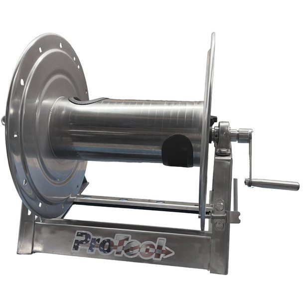 ProTool Reel Stainless Steel for 325ft 1/2in or 400ft 3/8in hose, 4000psi, spool with handle for easy winding and unwinding of high-pressure hoses.