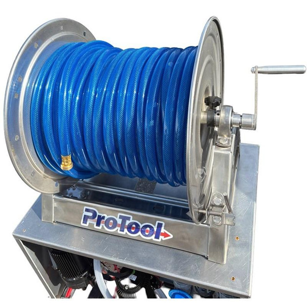 ProTool Reel Stainless Steel with Hose Installed, industrial water hose reel for heavy-duty use.