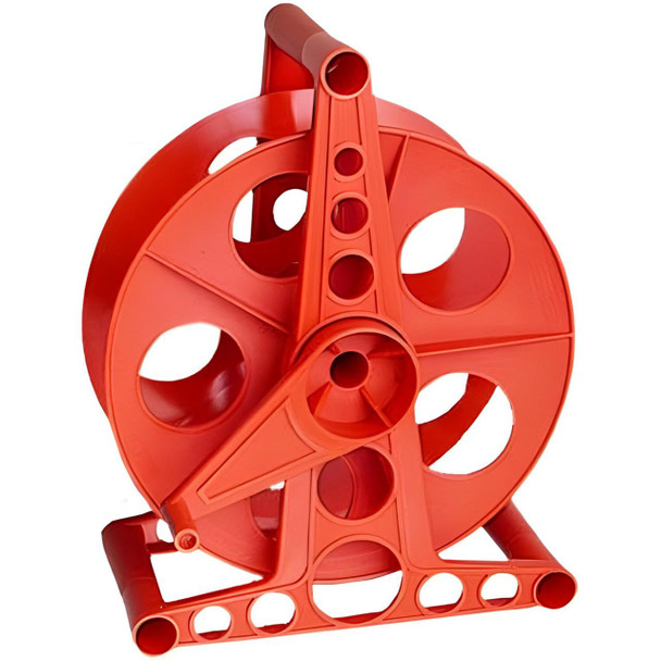 J.Racenstein Reel pole hose or electrical extension cord, red plastic reel with hollow cable organizer, and sturdy base for winding and storage.
